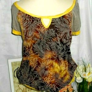⭐ BKE Buckle Daytrip Brown Gray Yellow Brown Off Shoulder Short Sleeve Top